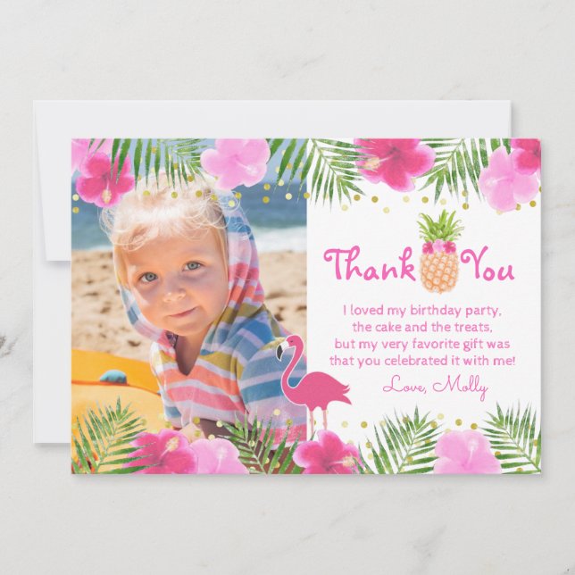 Tropical Luau Flamingo Birthday Girl Vielen Dank Dankeskarte (Vorderseite)