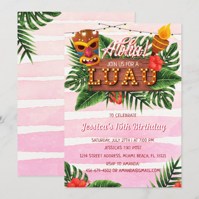 Tropical Luau Girl Einladung zum Geburtstag (Vorne/Hinten)