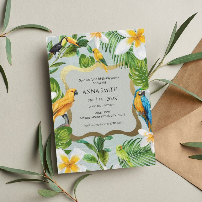 Tropical Luau Parrots Plumeria Geburtstagsparty Einladung (Von Creator hochgeladen)
