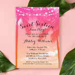 Tropical Luau Pink Orange Sweet 16 Geburtstag Einladung<br><div class="desc">Trendy luau Thema süße 16 Geburtstagsfeier Einladungen. Die Einrichtung besteht aus einem rosa und orangefarbenen Palmenhintergrund.</div>