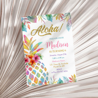 Tropical Luau Watercolor Ananas Geburtstag Einladung