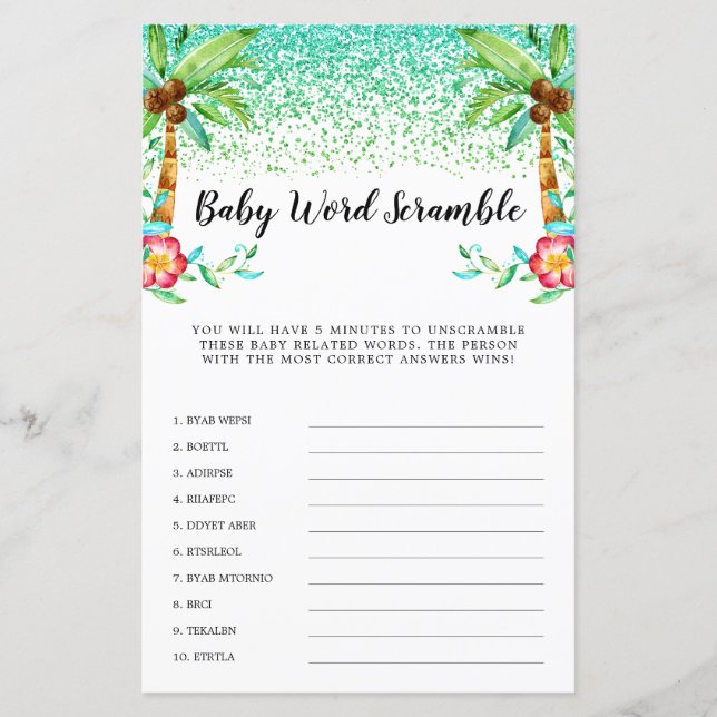 Tropical Luau Watercolor Glitzer Word Scramble (Vorderseite)