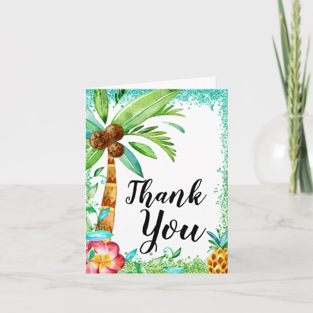 Tropical Luau Watercolor Imitate Glitzer Kinderdus Dankeskarte (Vorderseite)