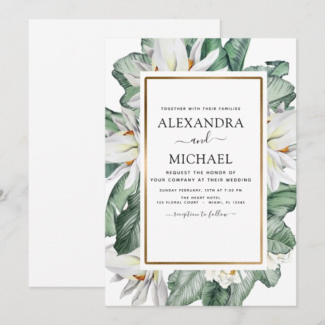Tropical Magnolia Greenery Blumenpalme Hochzeit Einladung (Vorne/Hinten)