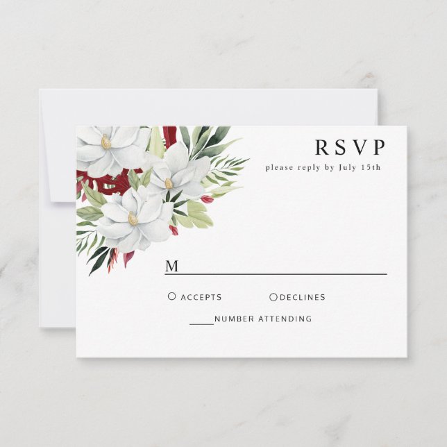 Tropical Magnolia White Green Red RSVP Card (Vorderseite)