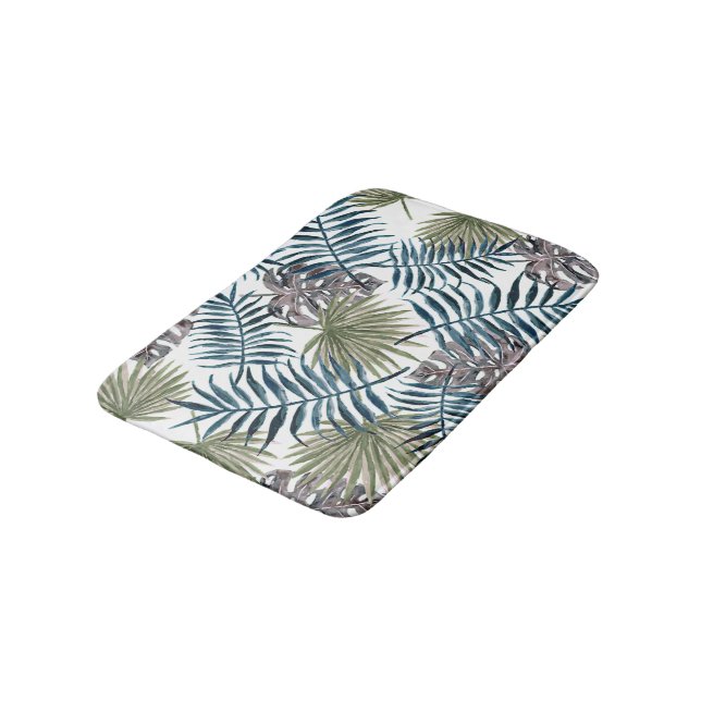 Tropical Mauve Green Palm Blätter Wasserfarben Kun Badematte (Schrägansicht)