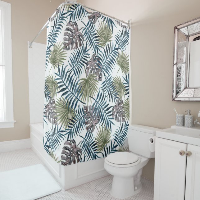 Tropical Mauve Green Palm Blätter Wasserfarben Kun Duschvorhang (Beispiel)