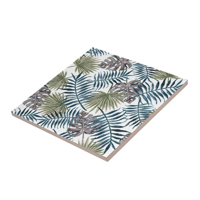 Tropical Mauve Green Palm Blätter Wasserfarben Kun Fliese (Seite)