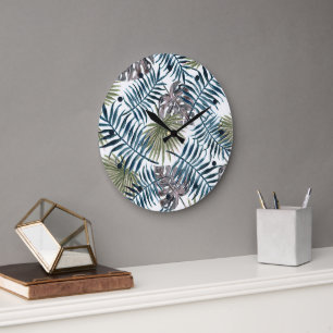 Tropical Mauve Green Palm Blätter Wasserfarben Kun Große Wanduhr