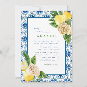 Tropical Mediterranean Blue & Lemons Wedding Invit Einladung