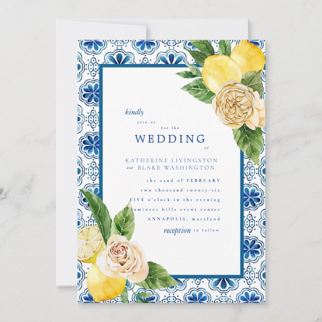 Tropical Mediterranean Blue & Lemons Wedding Matte Einladung (Vorderseite)