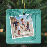Tropical Mele Kalikimaka Foto Weihnachten Keramikornament<br><div class="desc">Tropische Weihnachtsschmuck mit aquamarinem Hintergrund,  2 Fotos,  die Sie durch Ihre eigenen ersetzen können,  Silhouette-Strandpalmen,  die hawaiianischen Frohe Festtage "Mele Kalikimaka" und Ihr Familienname.</div>