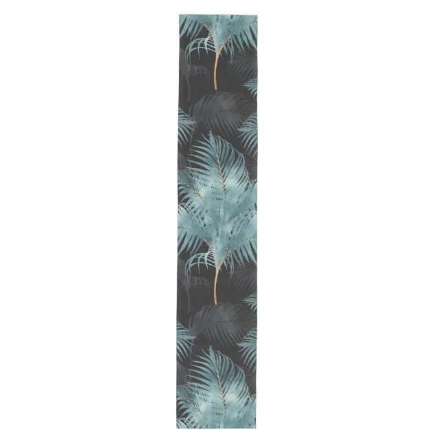 Tropical Metallic Blue & Gold Palm Blätter Sommer Mittelgroßer Tischläufer (Vorderseite)