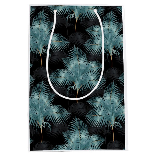 Tropical Metallic Blue & Gold Palm Blätter Sommer Mittlere Geschenktüte (Vorderseite)