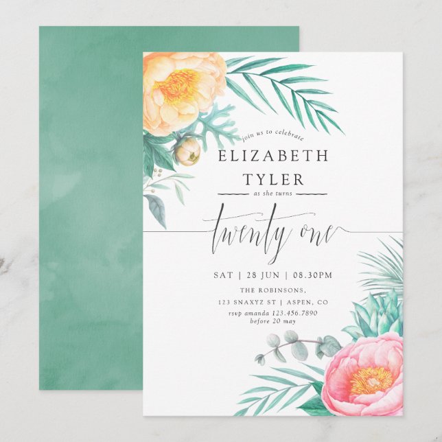 Tropical Mint Floral 21e anniversaire Invitation d (Devant / Derrière)