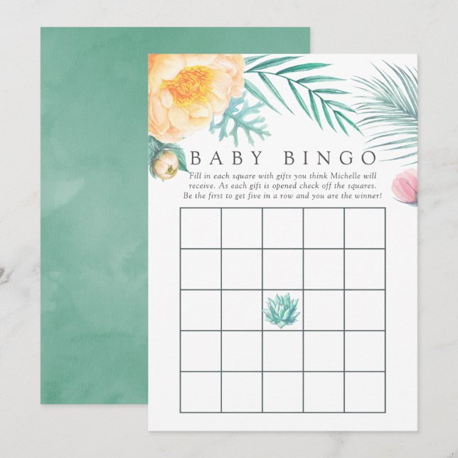 Tropical Mint Floral Summer Baby Dusche Bingo Einladung (Vorne/Hinten)