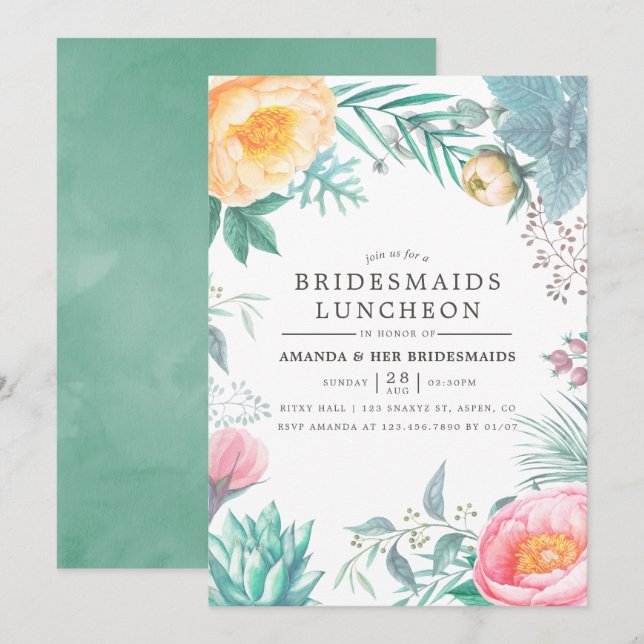 Tropical Mint Floral Summer Bridesmais Luncheon Einladung (Vorne/Hinten)