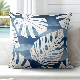 Tropical Modern Blue White Palm Blätter Kissen