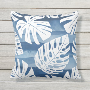 Tropical Modern Blue White Palm Blätter Kissen