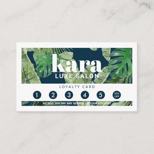 Tropical Modern Boutique Salon Navy Loyalty Card Treuekarte (Vorderseite)