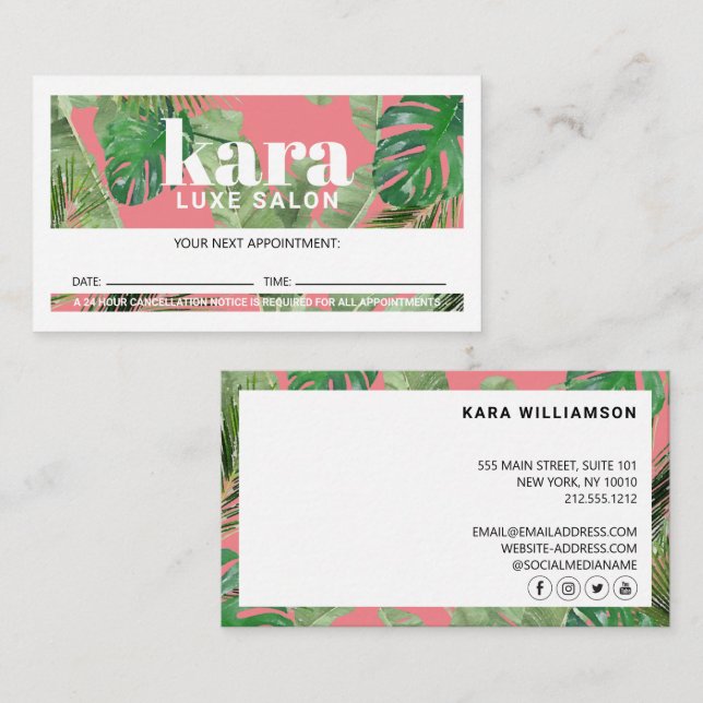 Tropical Modern Boutique Salon Pink Ernennung Treuekarte (Vorne/Hinten)