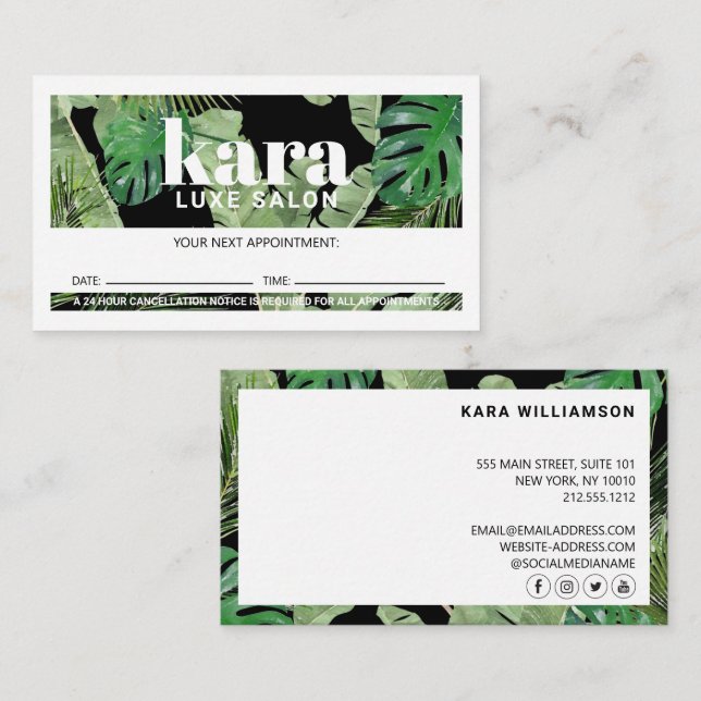 Tropical Modern Boutique Salon Schwarzer Termin Treuekarte (Vorne/Hinten)