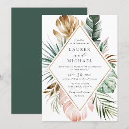 Tropical Modern Gold Palm Greenery Blues Einladung