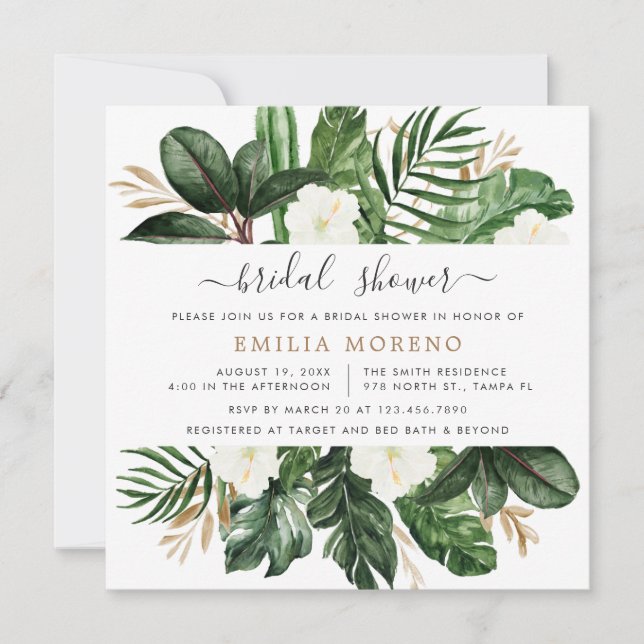 Tropical Modern Palm Cactus White Floral Bridal Einladung (Vorderseite)
