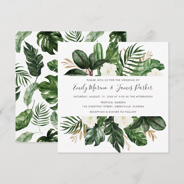Tropical Modern Palm Cactus White Floral Einladung (Vorne/Hinten)