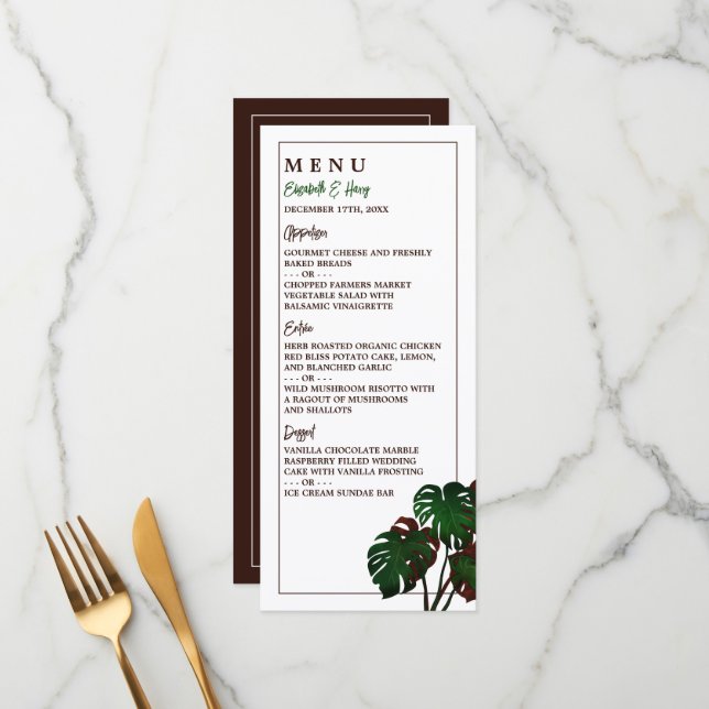 Tropical Monstera Beach Wedding Menükarte (Vorderseite/Rückseite Beispiel)
