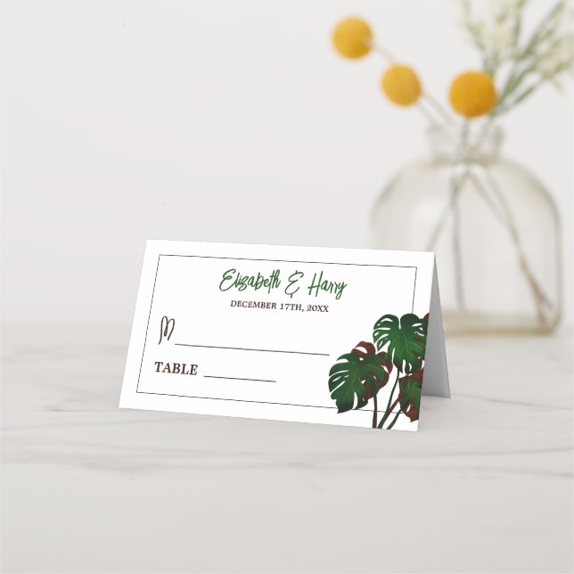 Tropical Monstera Beach Wedding Platzkarte (Vorderseite)