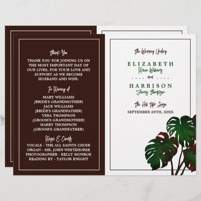 Tropical Monstera Beach Wedding Program (Vorne/Hinten)