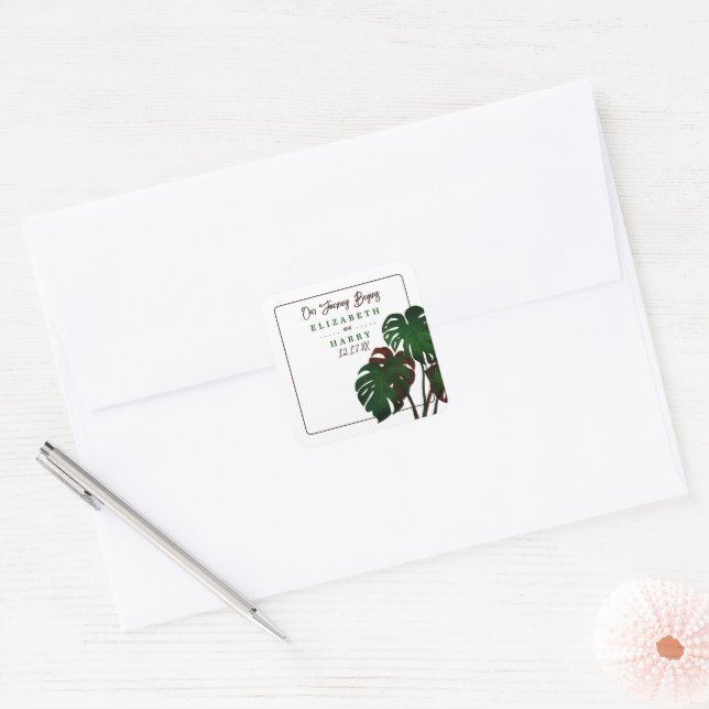 Tropical Monstera Beach Wedding Quadratischer Aufkleber (Umschlag)