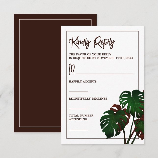 Tropical Monstera Beach Wedding RSVP Karte (Vorne/Hinten)