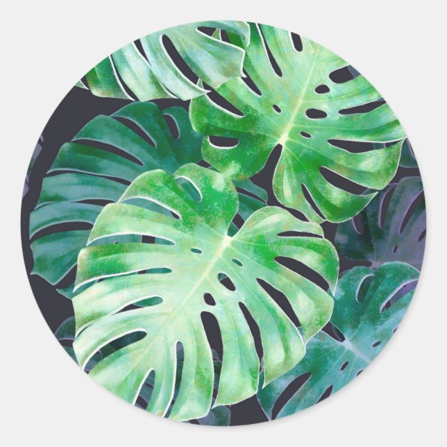 Tropical Monstera Blätter Runder Aufkleber (Vorderseite)