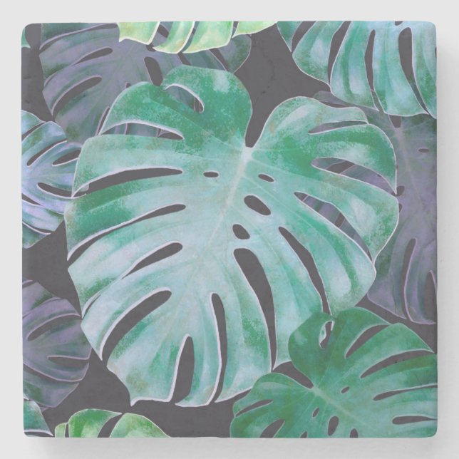 Tropical Monstera Blätter Steinuntersetzer (Vorderseite)
