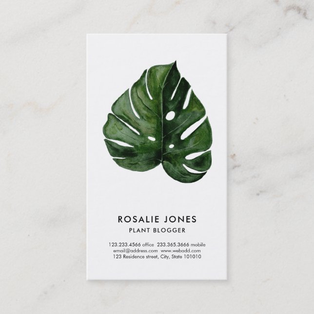 Tropical Monstera Blätter Watercolor Green Visitenkarte (Vorderseite)