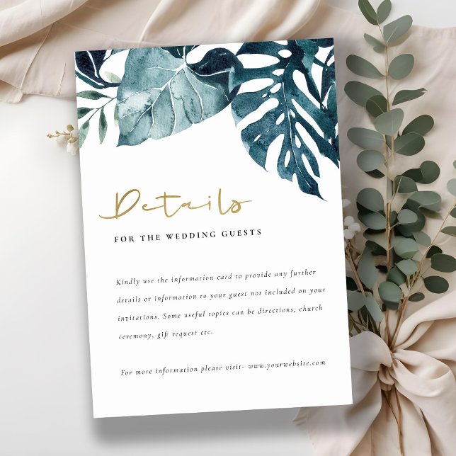 Tropical Monstera Blue Foliage Wedding Details Begleitkarte (Von Creator hochgeladen)