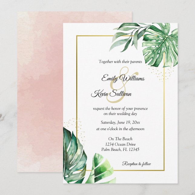 Tropical Monstera Botanicals & Gold | Hochzeit Einladung (Vorne/Hinten)