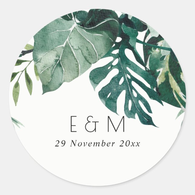 Tropical Monstera Foliage Green Monogram Wedding Runder Aufkleber (Vorderseite)