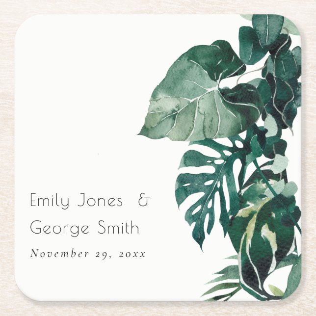 Tropical Monstera Foliage Green Rustic Wedding Rechteckiger Pappuntersetzer (Vorderseite)