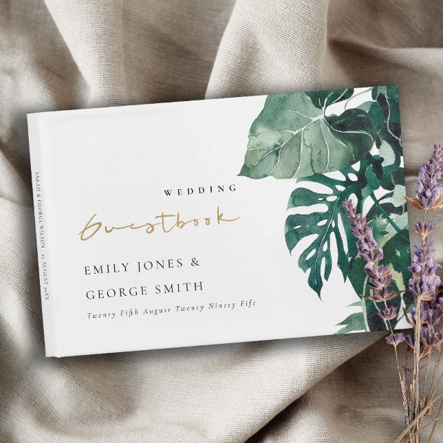 Tropical Monstera Green Foliage Leafy Wedding Gästebuch (Von Creator hochgeladen)
