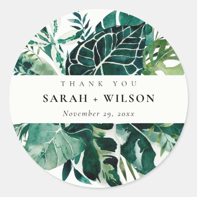 Tropical Monstera Green Foliage Wedding Vielen Dan Runder Aufkleber (Vorderseite)