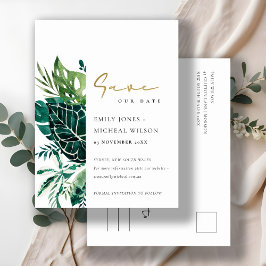Tropical Monstera Green Leafy Fauna Save the Date Postkarte