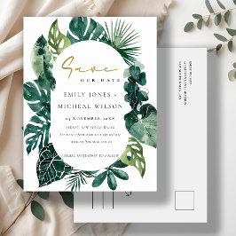 Tropical Monstera Green Leafy Fauna Save the Date Postkarte
