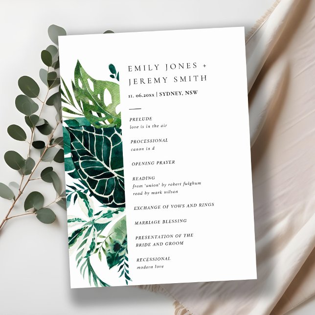 Tropical Monstera Green Leafy Foliage Wedding Programm (Von Creator hochgeladen)
