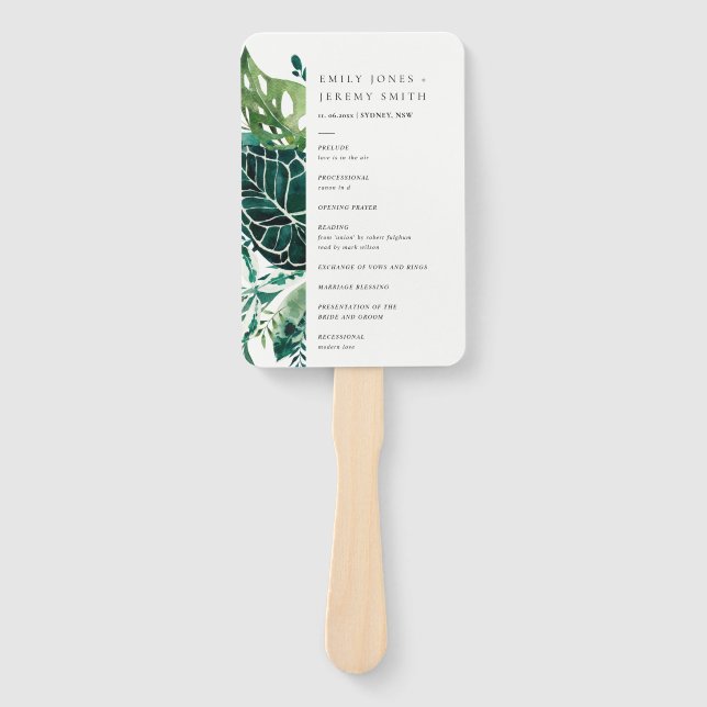 Tropical Monstera Green Leafy Wedding Program Fächer (Vorderseite)