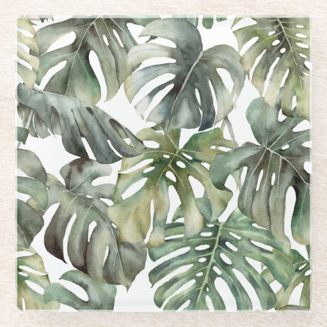 Tropical Monstera Grosse Wasserfarbenmuster Glasuntersetzer (Vorderseite)