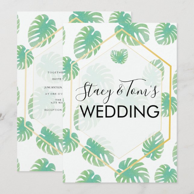 Tropical Monstera Hand Drawn Botanische Hochzeit Einladung (Vorne/Hinten)
