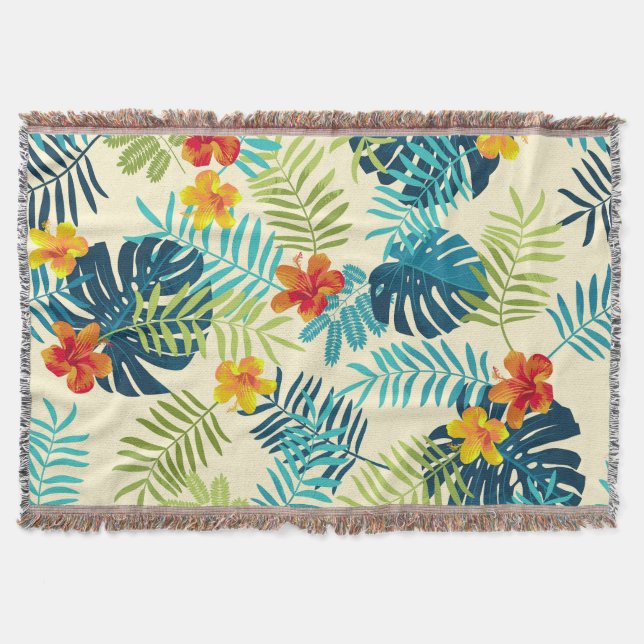 Tropical Monstera Hibiskus Summer Pattern Decke (Vorderseite)